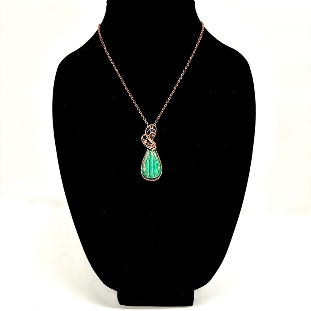 HANDMADE Malachite Hand Wrapped Copper and Copper Bead Pendant, Gift for Her - Picture 10 of 10